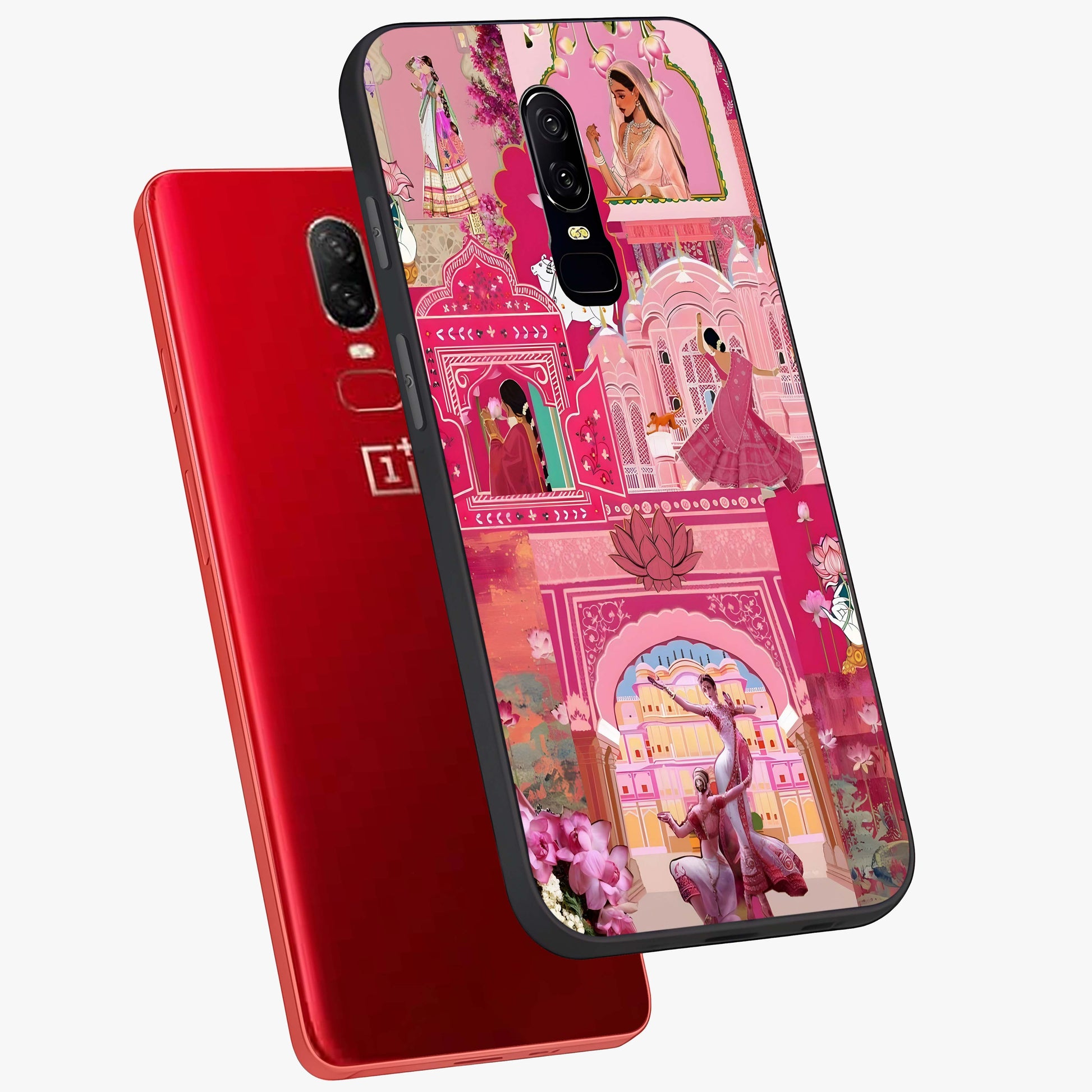 Pink Palace Muse Glass Case displayed in angled mockup highlighting dreamy palace illustration with soft pink aesthetic.