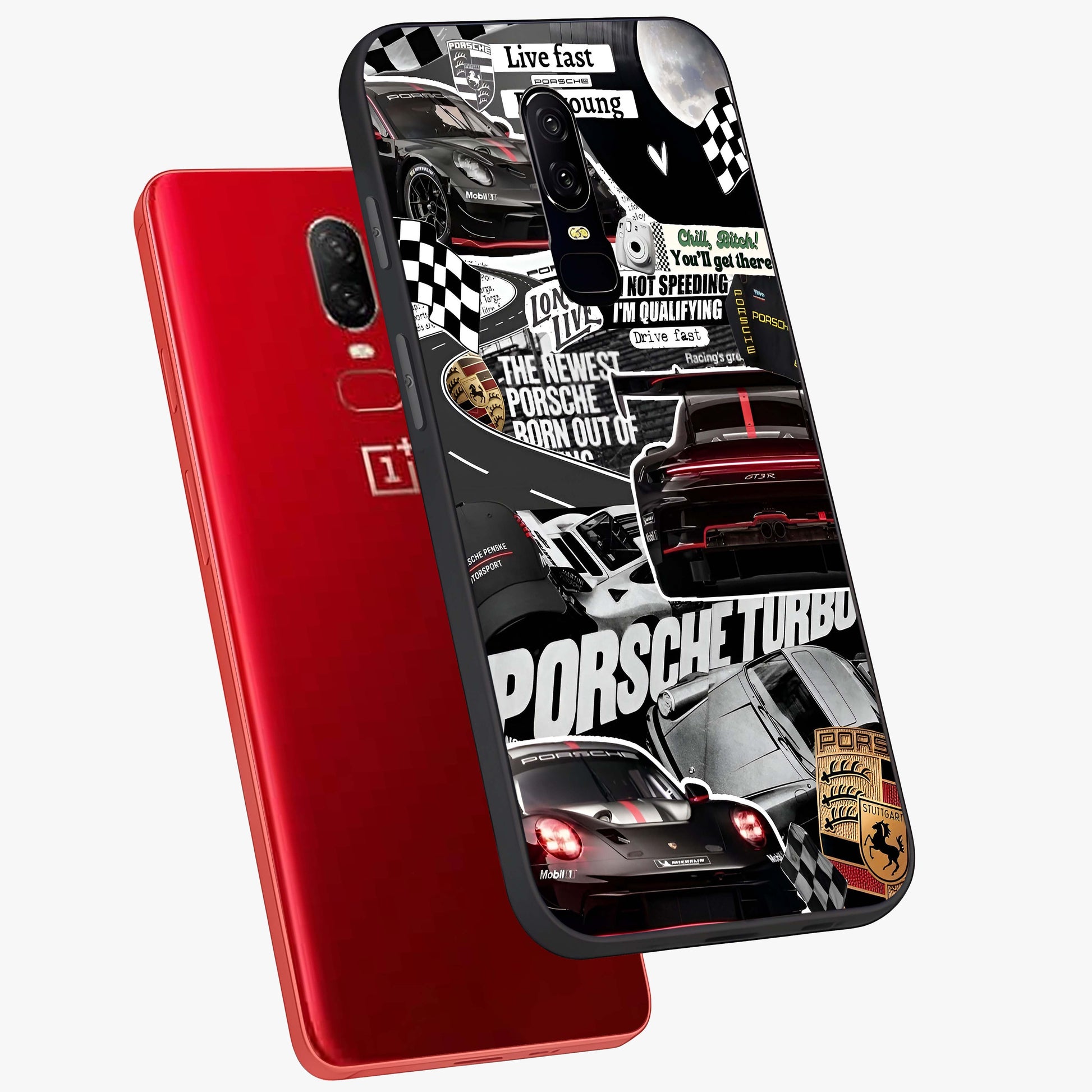 Porsche Racing Collage Glass Case displayed in angled mockup highlighting dynamic automotive design with bold racing aesthetic.