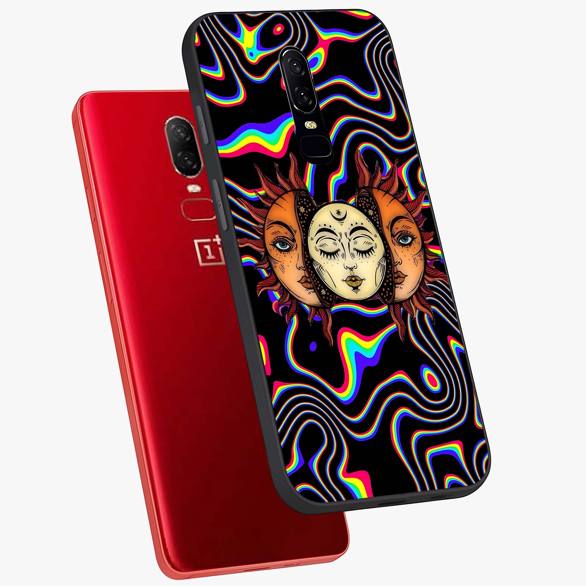 Psychedelic Sun Glass Case displayed in angled mockup highlighting vibrant abstract sun design with artistic aesthetic style.