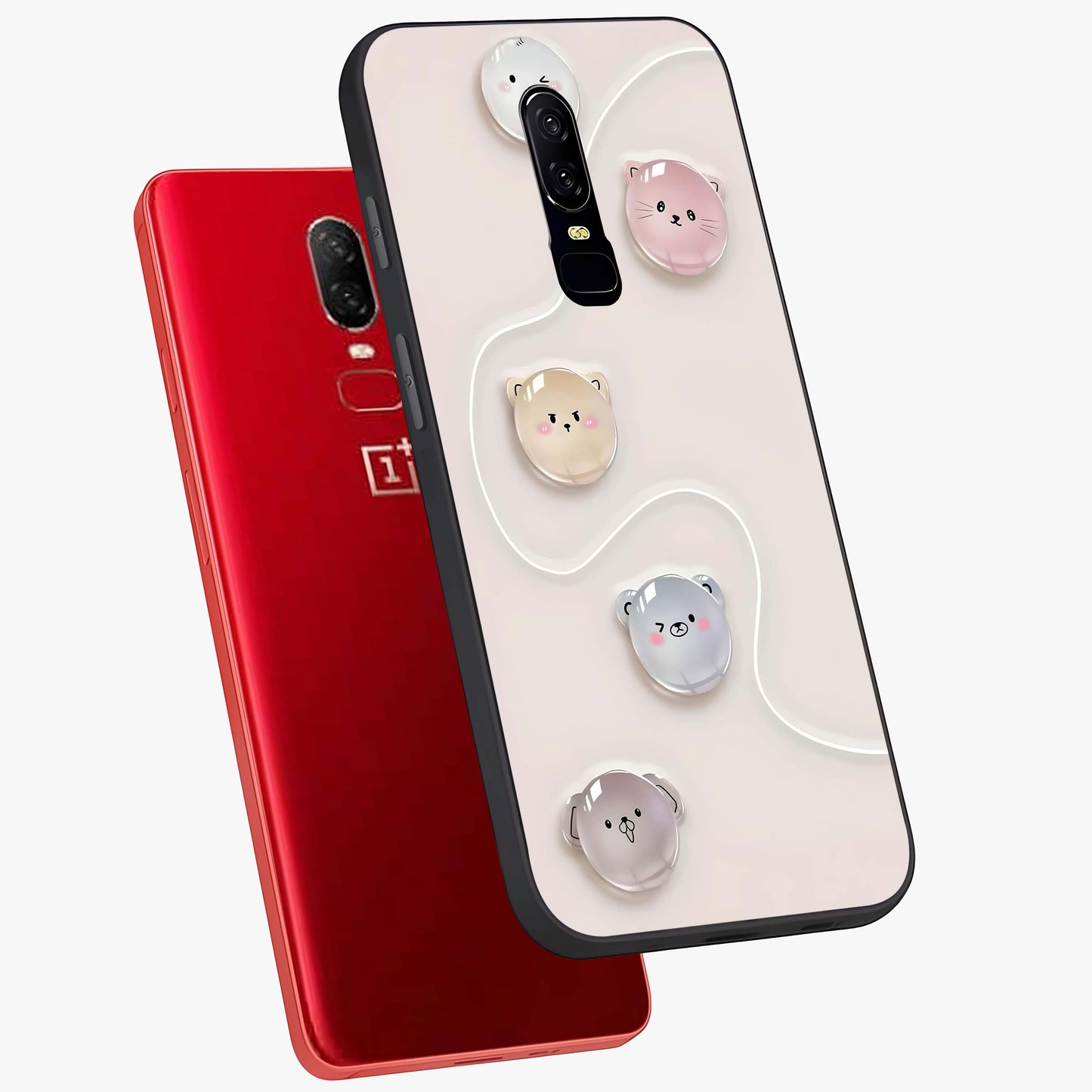 Puffy Face Parade Glass Case displayed in angled mockup highlighting playful cartoon face design with fun aesthetic.