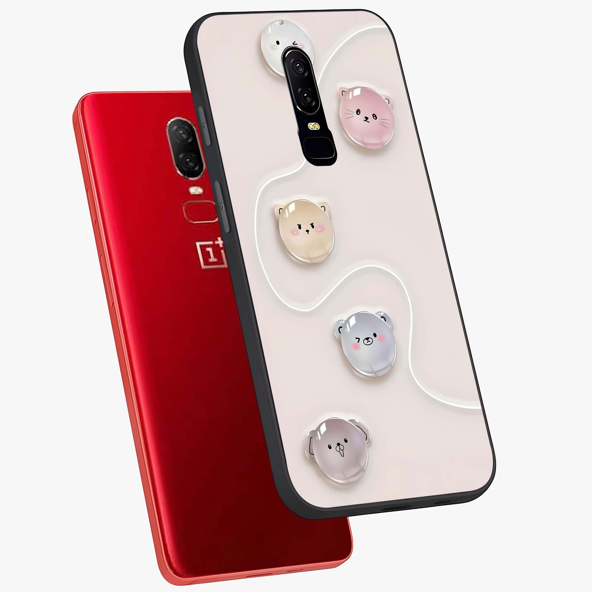 Puffy Face Parade Glass Case displayed in angled mockup highlighting playful cartoon face design with fun aesthetic.