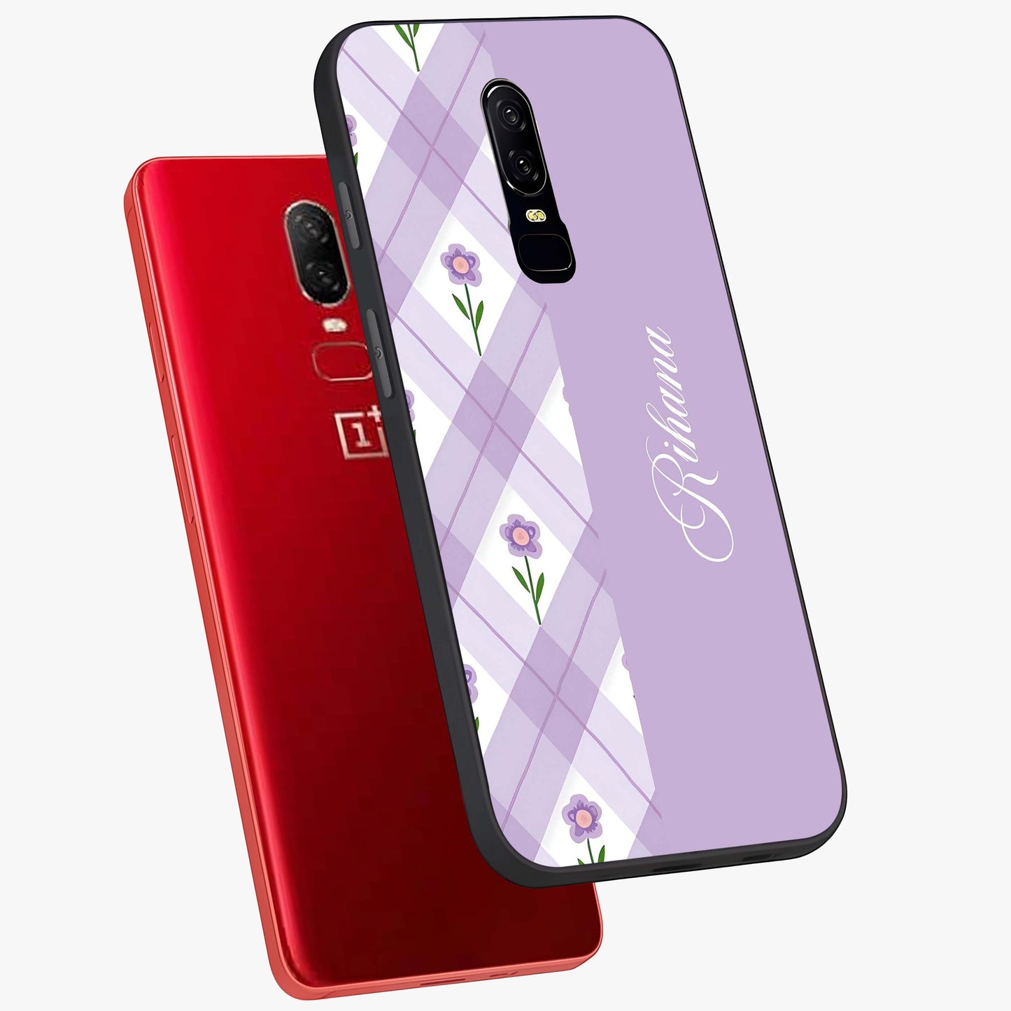 Purple Diamond Floral Glass Case displayed in angled mockup highlighting elegant purple flower design with decorative pattern.