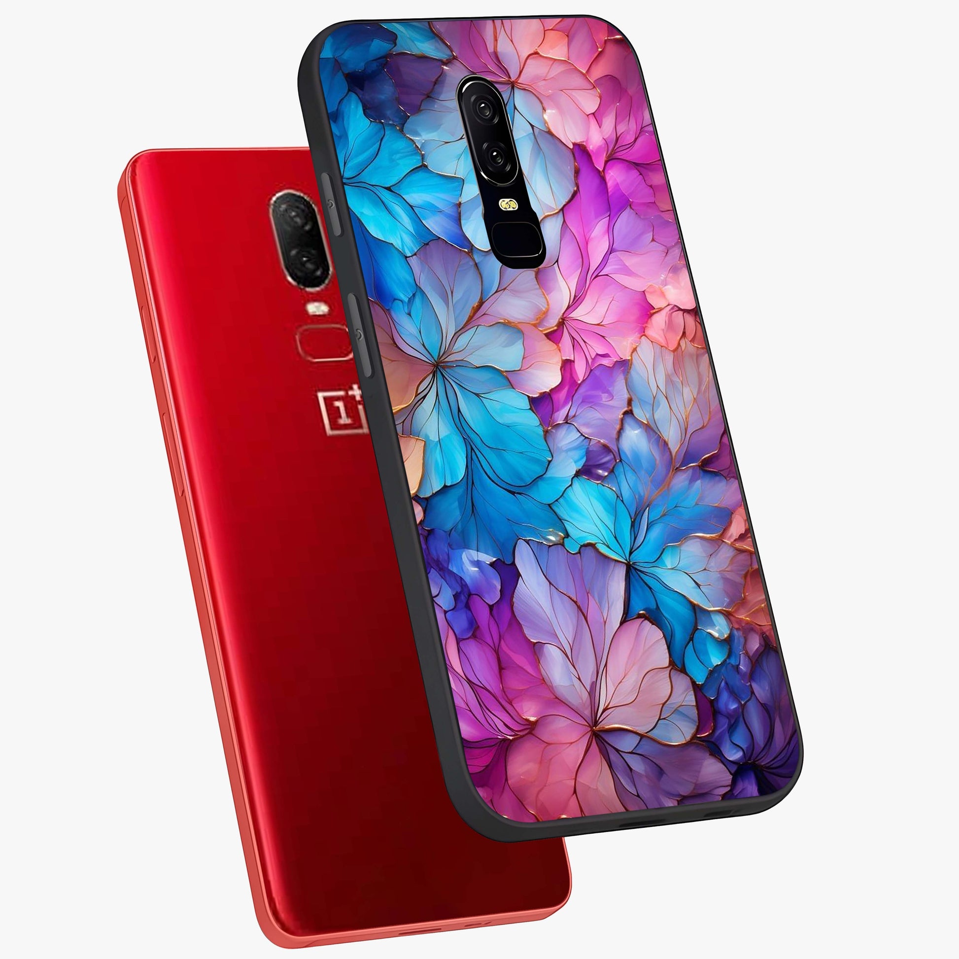 Radiant Floral Whirl Glass Case displayed in angled mockup highlighting vibrant flower pattern with dynamic artistic aesthetic.