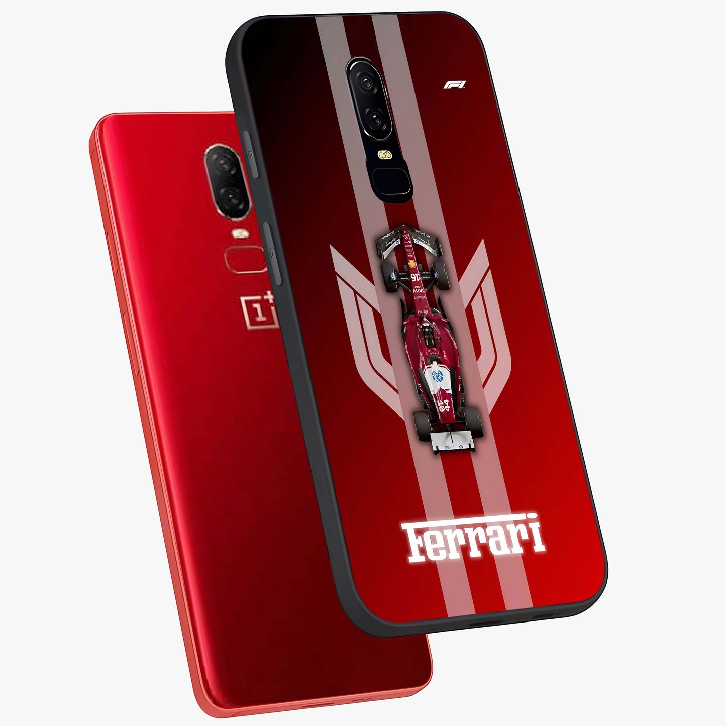 Red Ferrari F1 Vertical Glass Case displayed in angled mockup highlighting high speed racing design with bold automotive aesthetic.