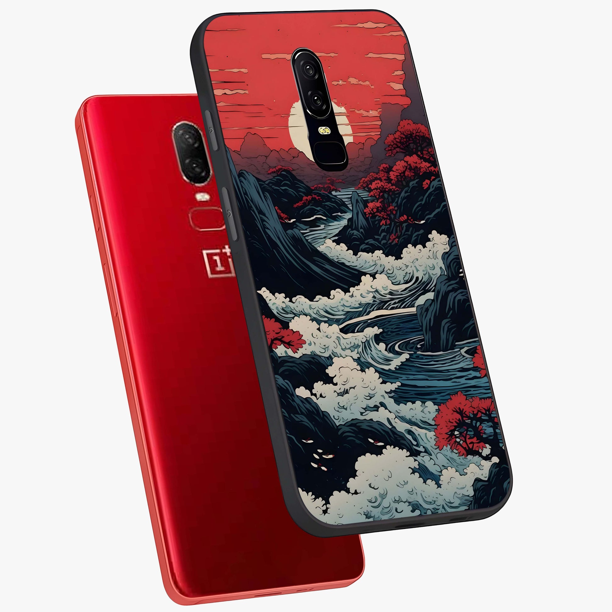 Red Sunset Scenery Glass Case displayed in angled mockup highlighting glowing sunset sky design with scenic aesthetic.