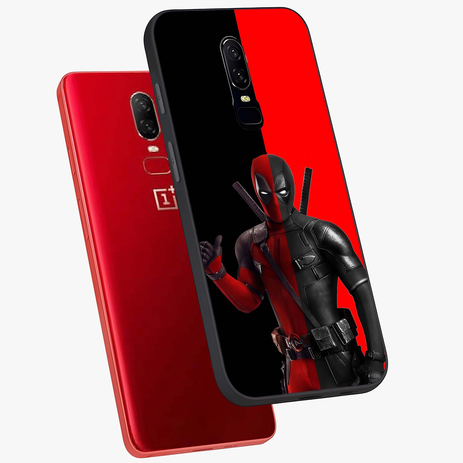 Red & Black Deadpool Theme Glass Case displayed in angled mockup highlighting vibrant superhero style illustration with action aesthetic.