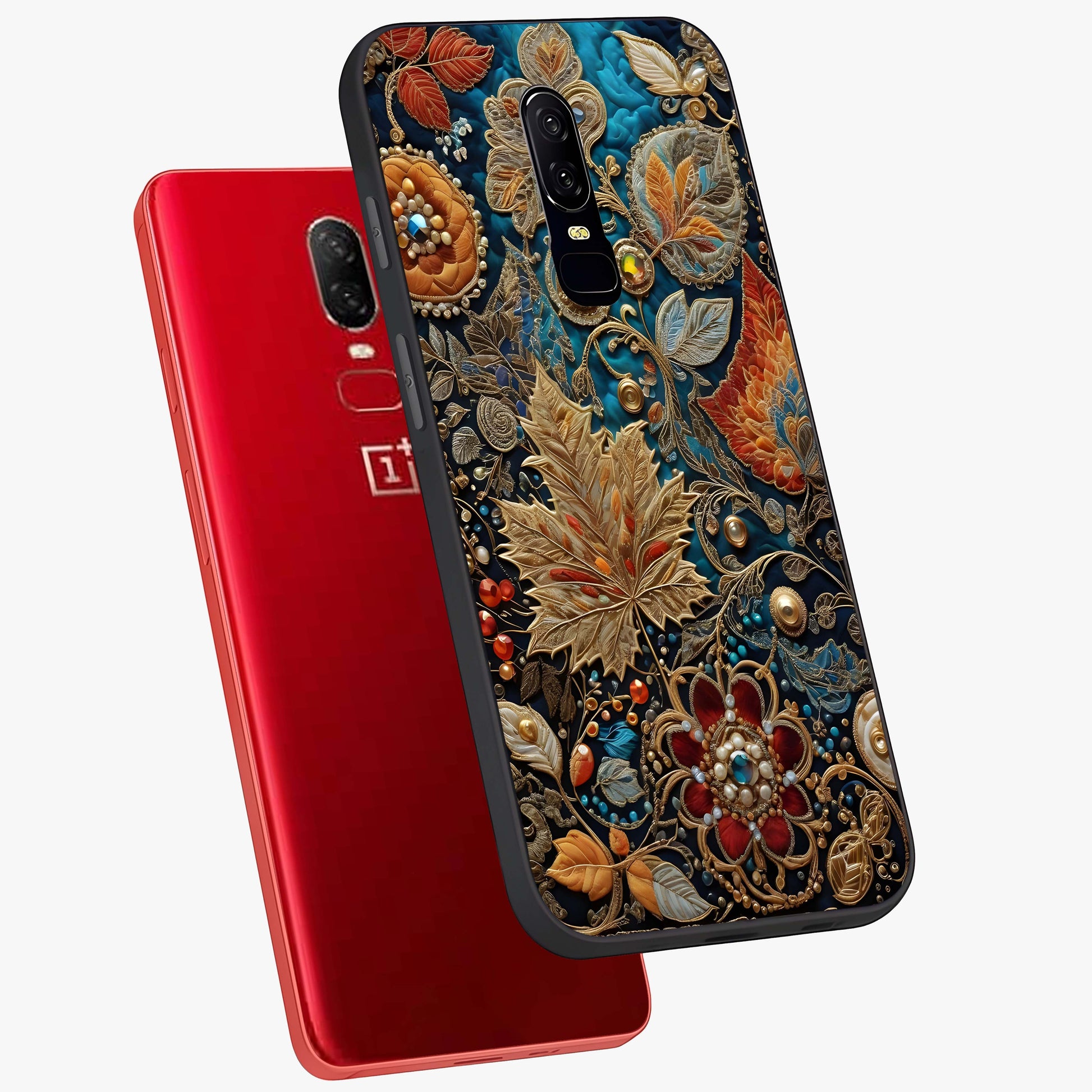 Royal Jewel Garden Glass Case displayed in angled mockup highlighting vibrant jewel inspired floral design with elegant aesthetic.