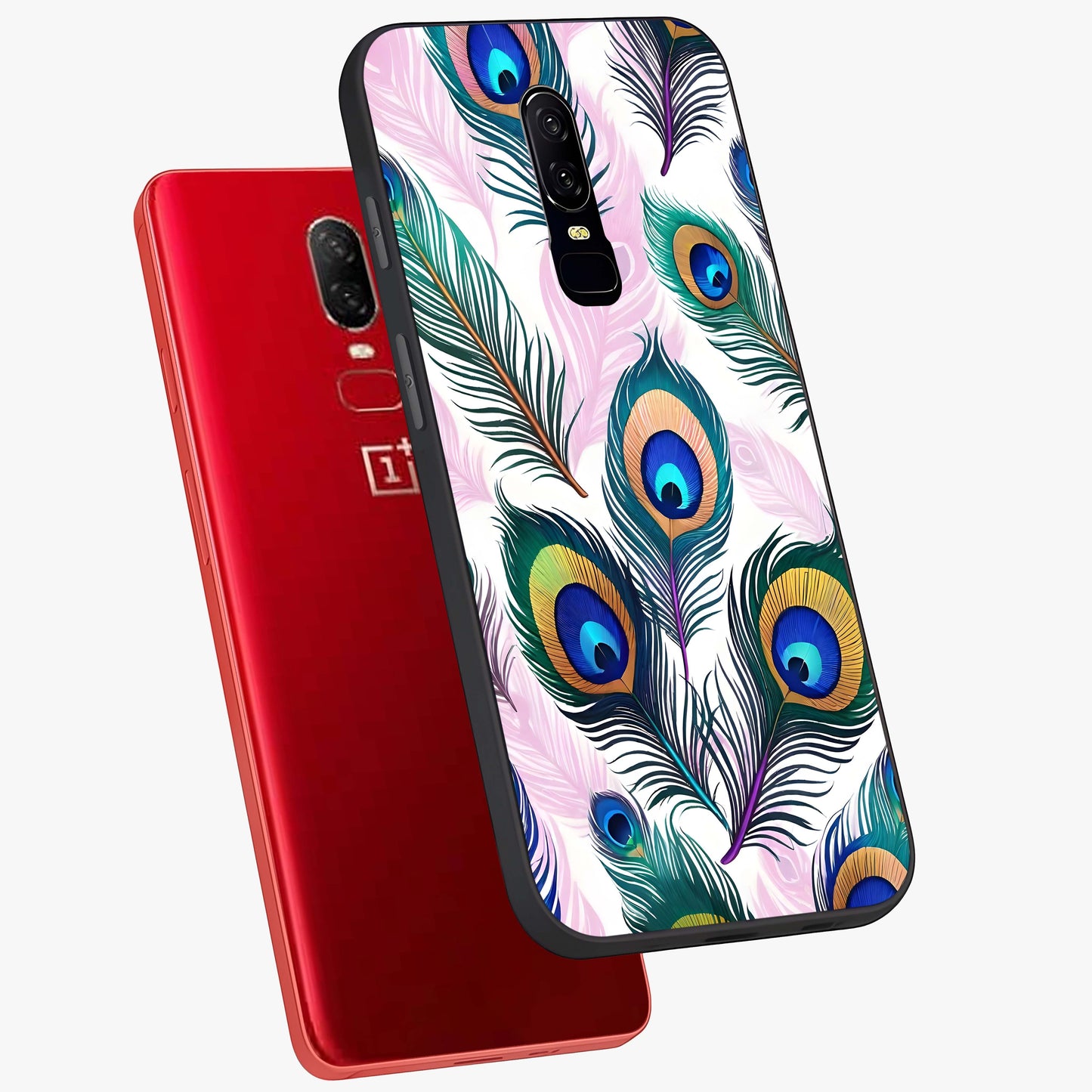 Royal Peacock Feathers Glass Case displayed in angled mockup highlighting vibrant feather pattern with regal aesthetic style.