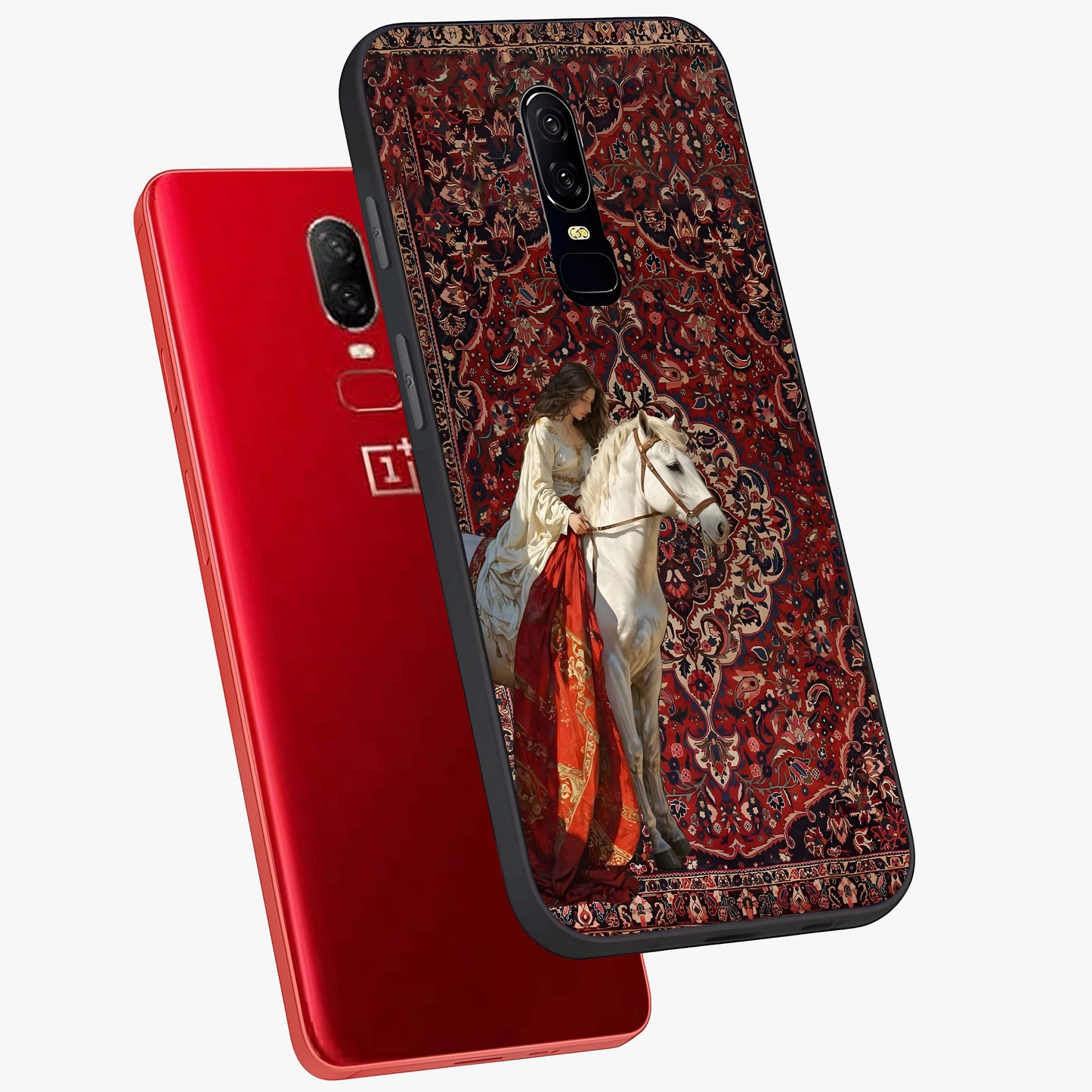 Royal Rider Tapestry Glass Case displayed in angled mockup highlighting traditional tapestry design with royal heritage aesthetic.