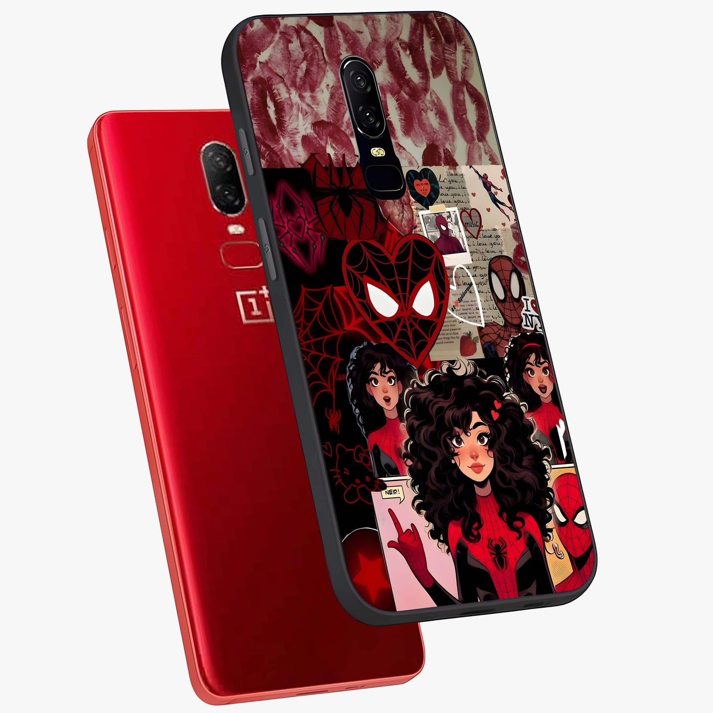 Spider Love Story Glass Case displayed in angled mockup highlighting expressive comic inspired design with playful aesthetic.