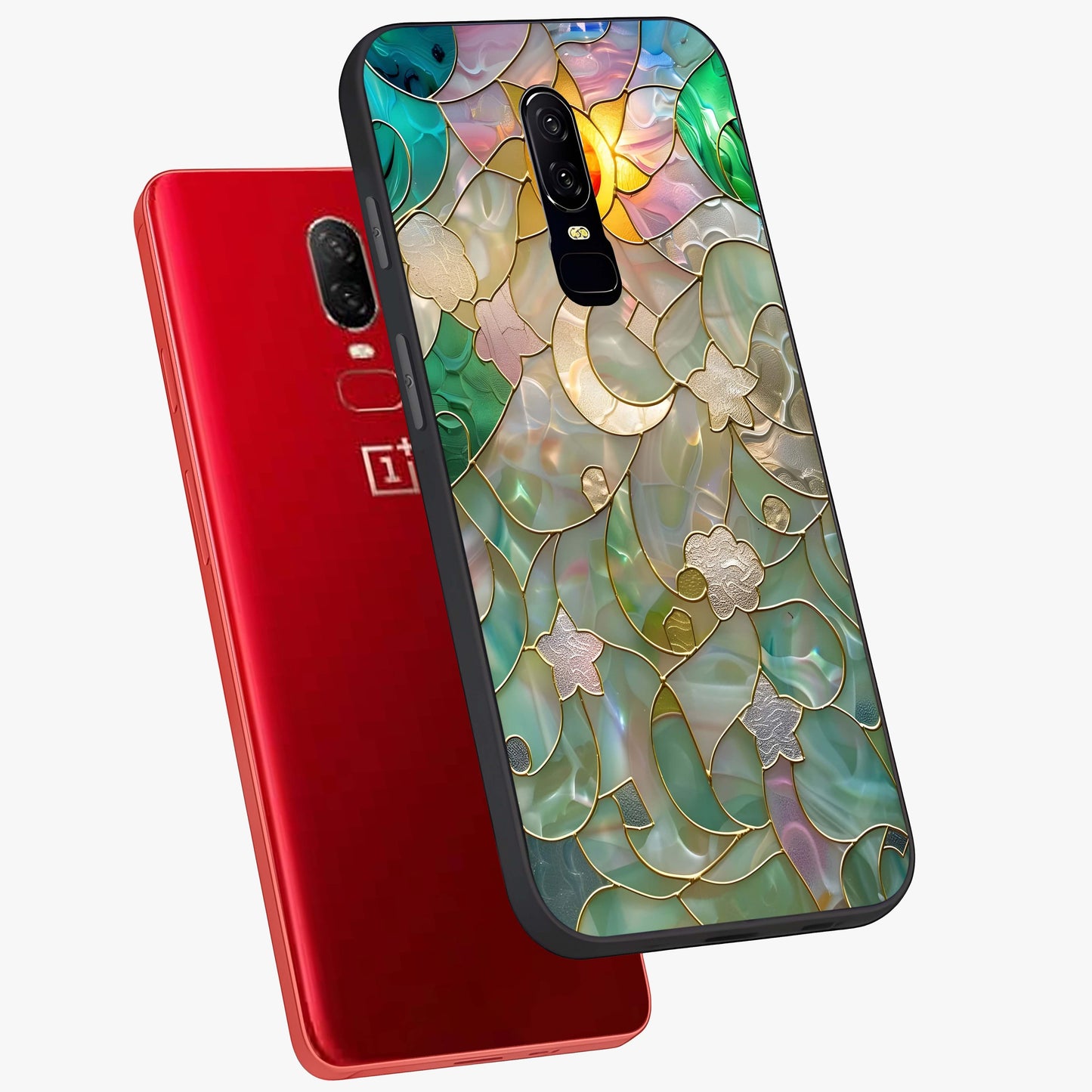 Stained Sunrise Glow Glass Case displayed in angled mockup highlighting radiant sunrise design with artistic aesthetic style.