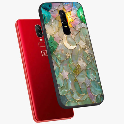 Stained Sunrise Glow Glass Case displayed in angled mockup highlighting radiant sunrise design with artistic aesthetic style.