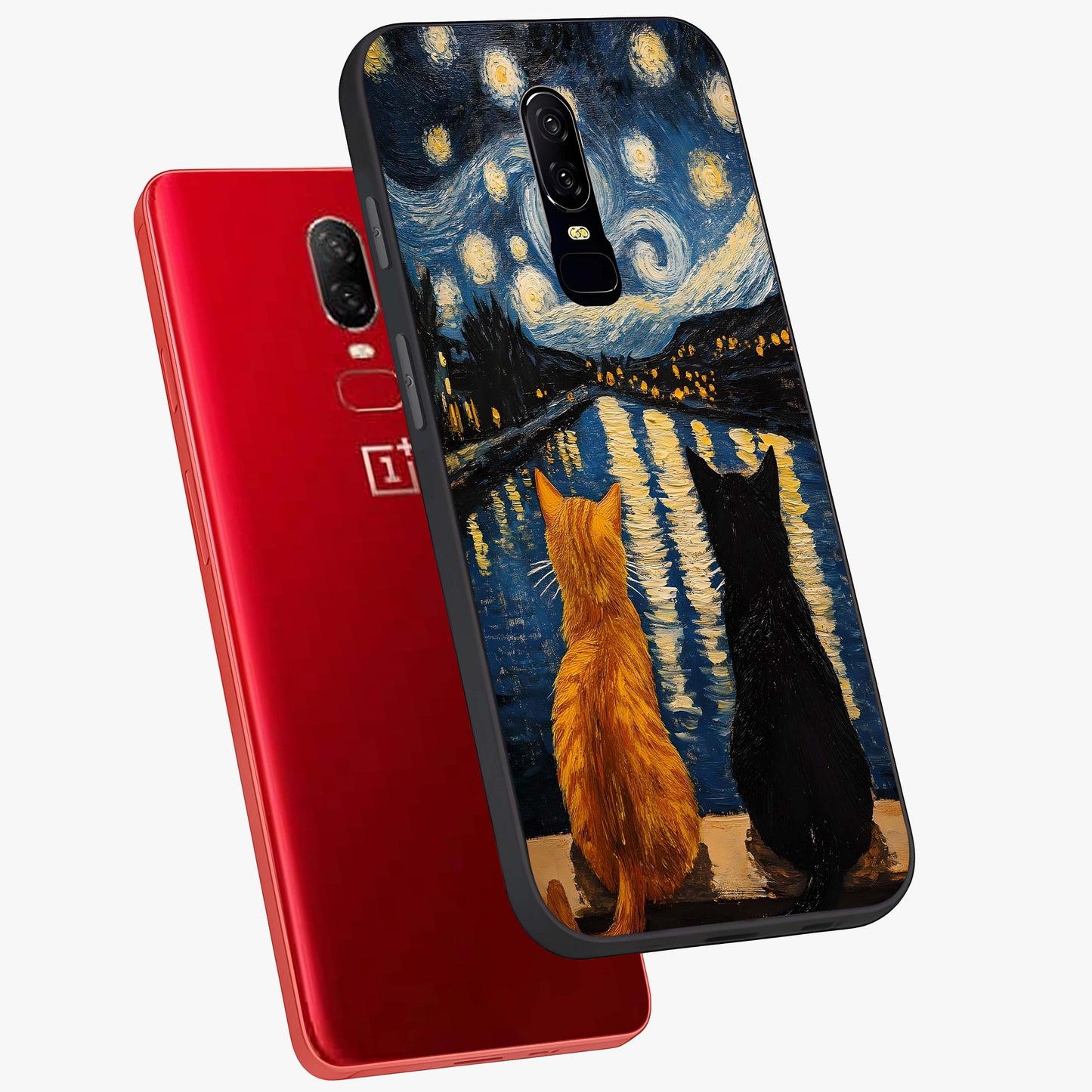 Starry River Cats Glass Case displayed in angled mockup highlighting charming feline illustration with dreamy night aesthetic.