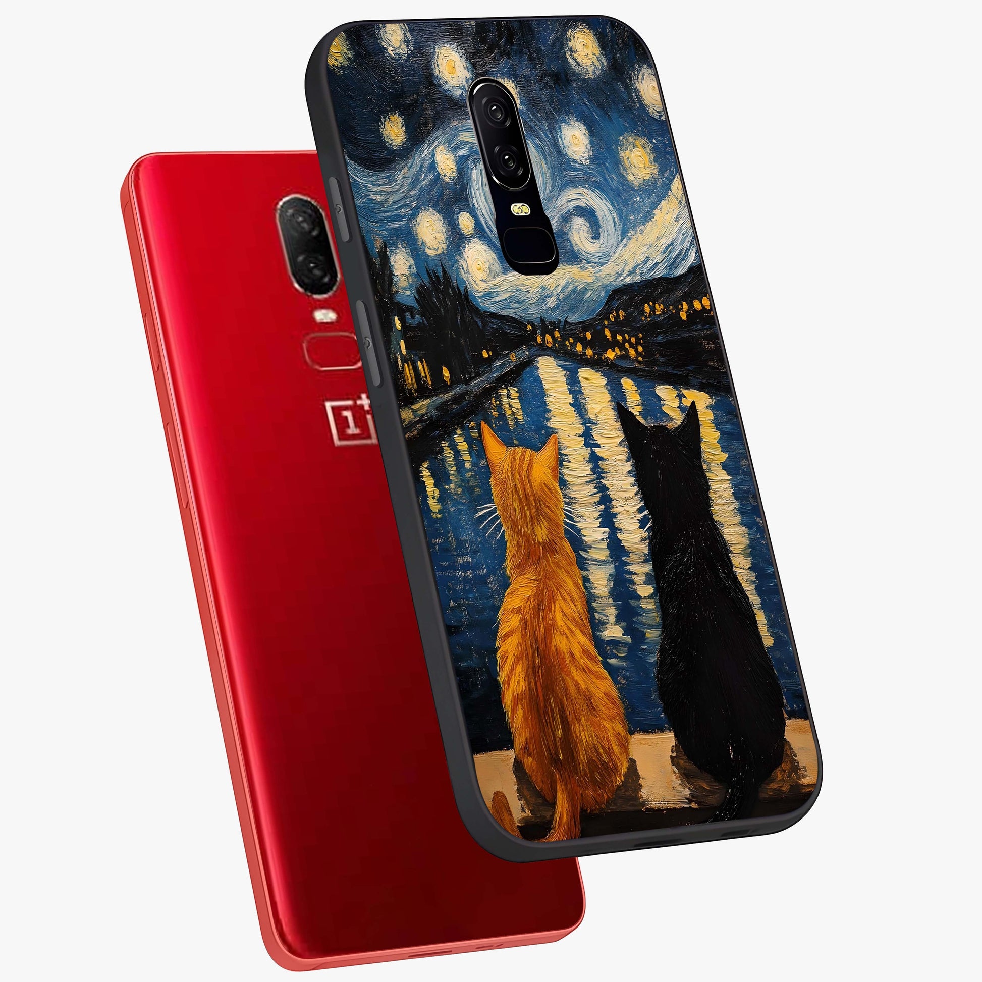 Starry River Cats Glass Case displayed in angled mockup highlighting charming feline illustration with dreamy night aesthetic.