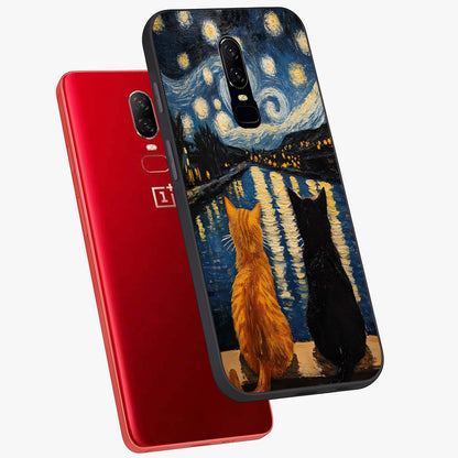 Starry River Cats Glass Case displayed in angled mockup highlighting charming feline illustration with dreamy night aesthetic.