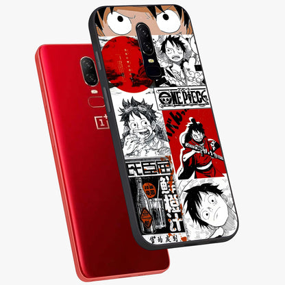 Strawhat Chaos Panels Glass Case displayed in angled mockup highlighting vibrant anime collage design with action aesthetic.