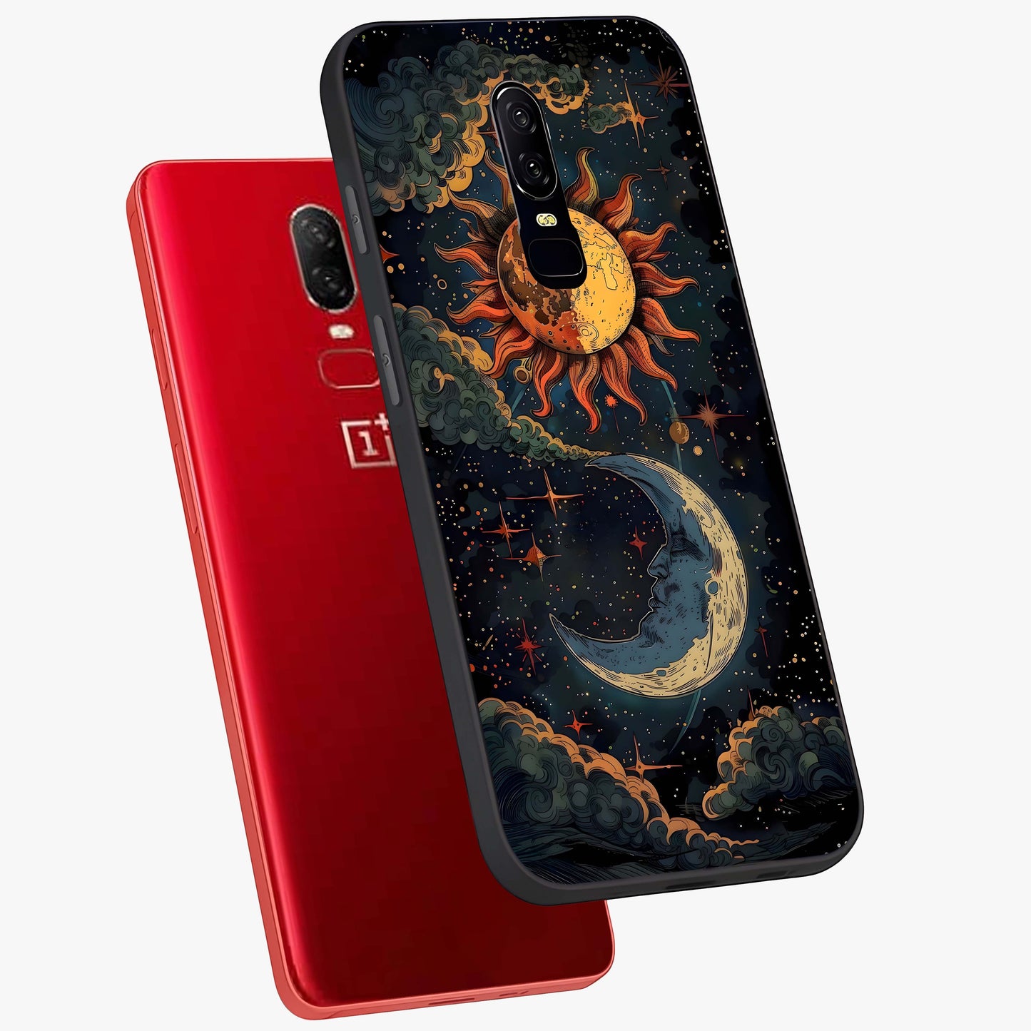 Sun And Moon Magic Design Glass Case displayed in angled mockup highlighting celestial design with magical cosmic aesthetic.