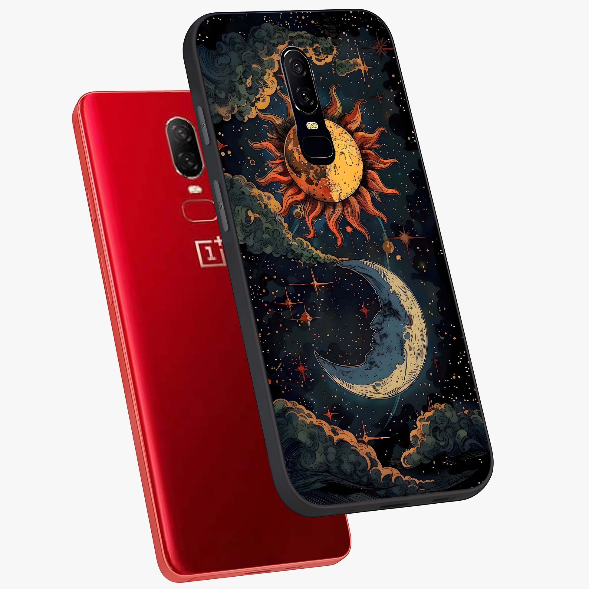 Sun And Moon Magic Design Glass Case displayed in angled mockup highlighting celestial design with magical cosmic aesthetic.