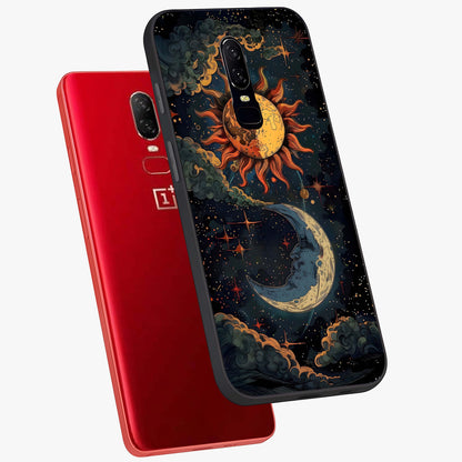 Sun And Moon Magic Design Glass Case displayed in angled mockup highlighting celestial design with magical cosmic aesthetic.