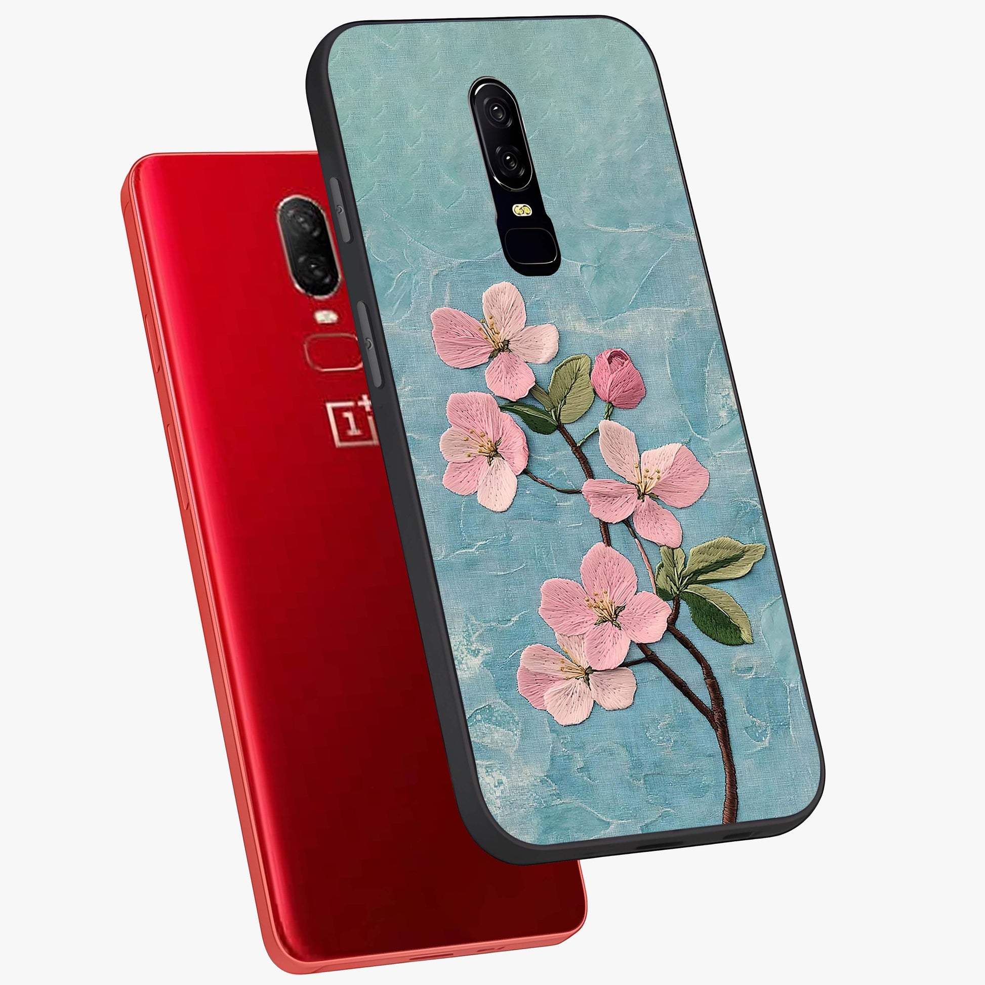 Threaded Blossom Breeze Glass Case displayed in angled mockup highlighting elegant floral design with soft aesthetic style.
