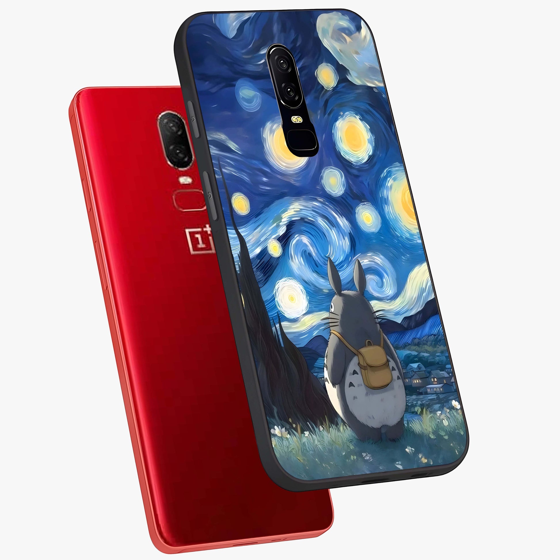 Totoro In Van Gogh Art Glass Case displayed in angled mockup highlighting artistic swirling sky design with playful animation aesthetic.