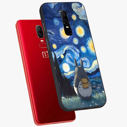 Totoro In Van Gogh Art Glass Case displayed in angled mockup highlighting artistic swirling sky design with playful animation aesthetic.