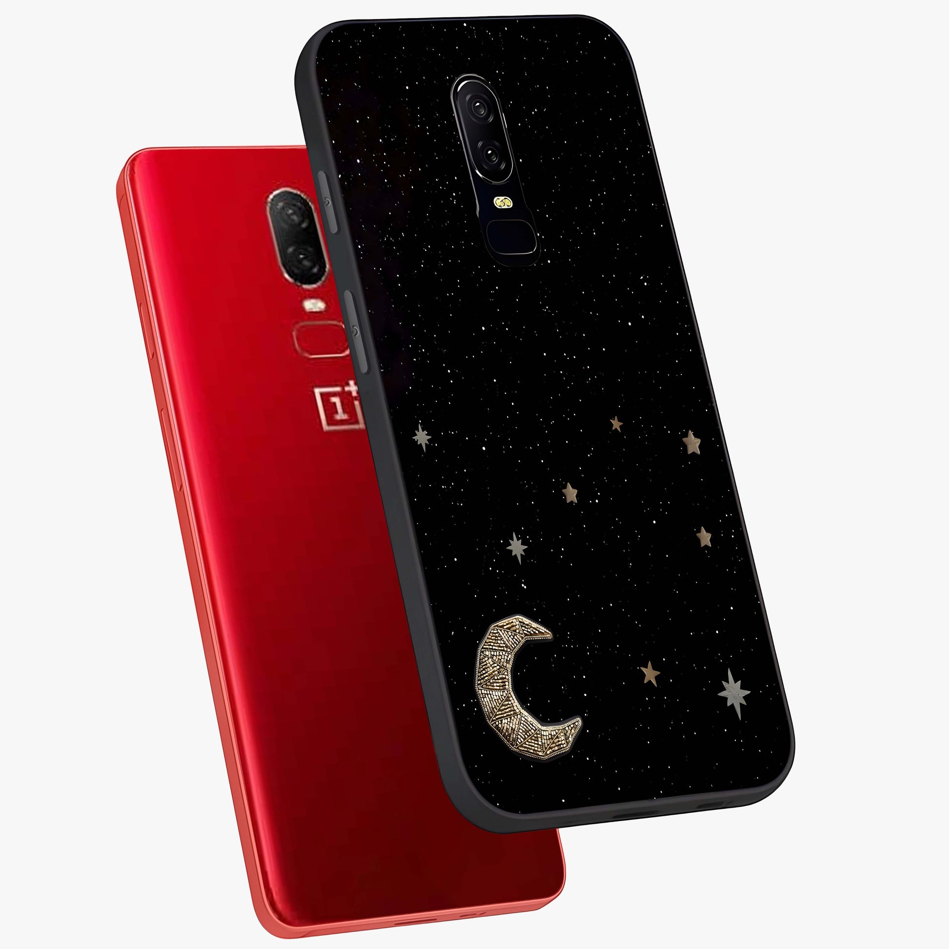 Twinkle Star With Half Moon Glass Case displayed in angled mockup highlighting celestial moon and star design with magical aesthetic.
