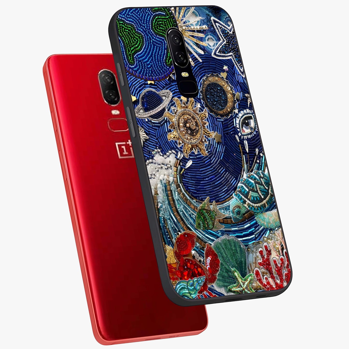 Universe Underwater Spark Glass Case displayed in angled mockup highlighting glowing aquatic design with celestial aesthetic.