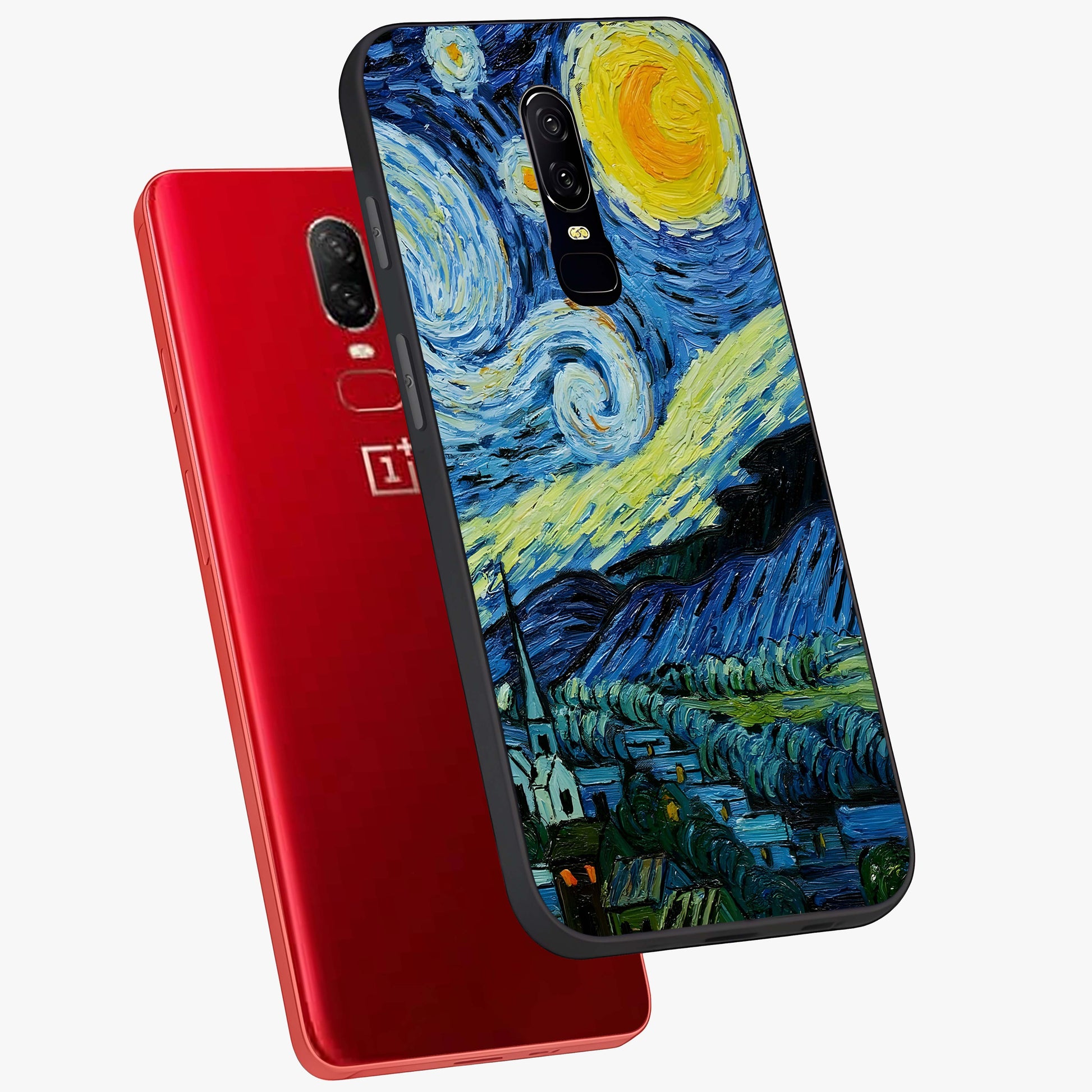 Van Gogh Art Glass Case displayed in angled mockup highlighting swirling brushstroke design with artistic aesthetic.