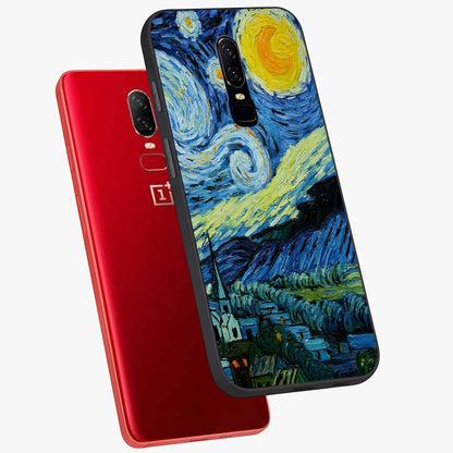Van Gogh Art Glass Case displayed in angled mockup highlighting swirling brushstroke design with artistic aesthetic.