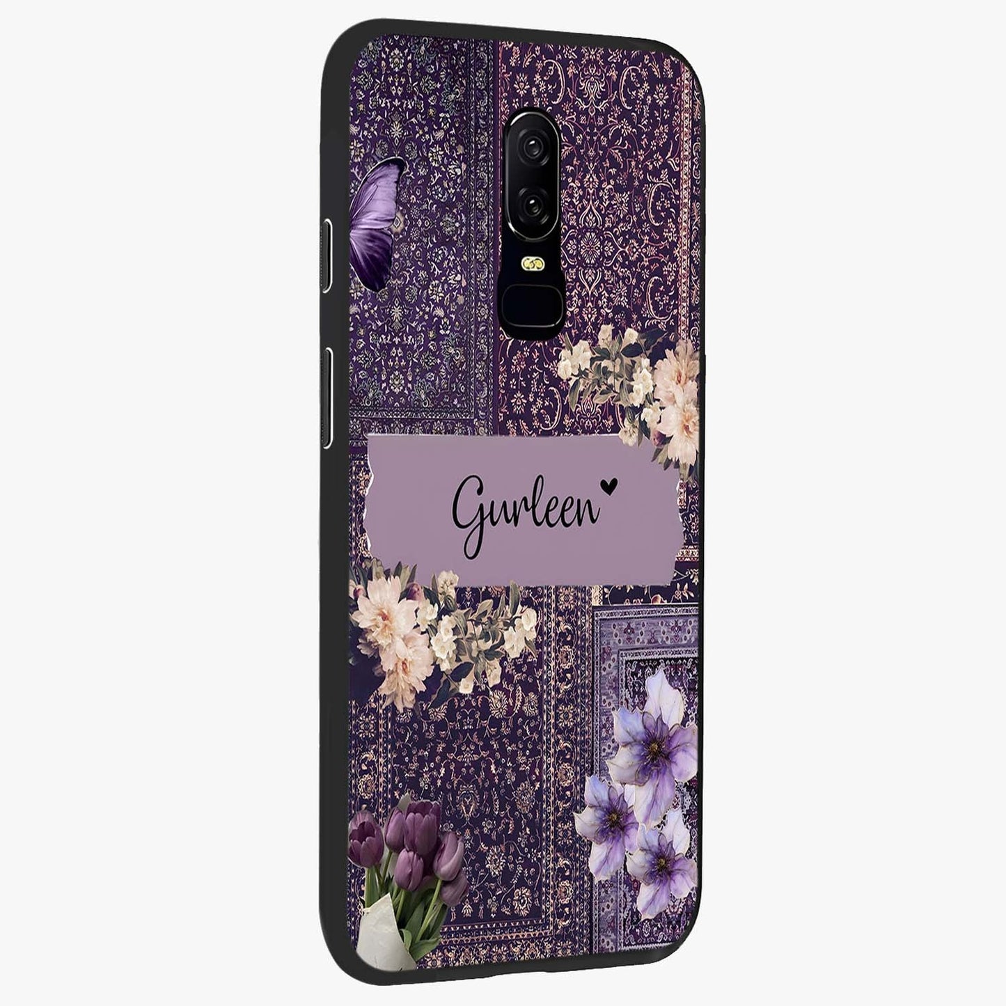 Antique Floral Whisper Custom Name Glass Case upright view showcasing delicate floral artwork with custom name feature.