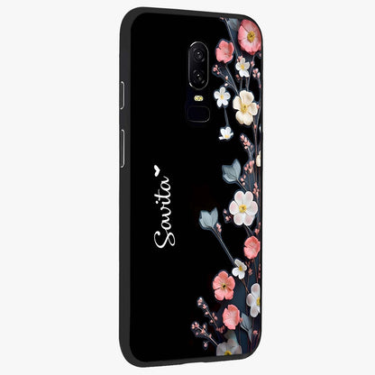 Black Elegance Floral Custom Name Glass Case upright view showcasing luxurious black floral design with personalized name detail.