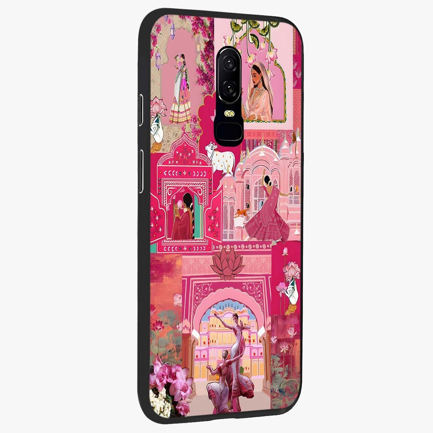 Blossoms of Rajasthan Glass Case upright view showcasing colorful floral design inspired by traditional Indian art.