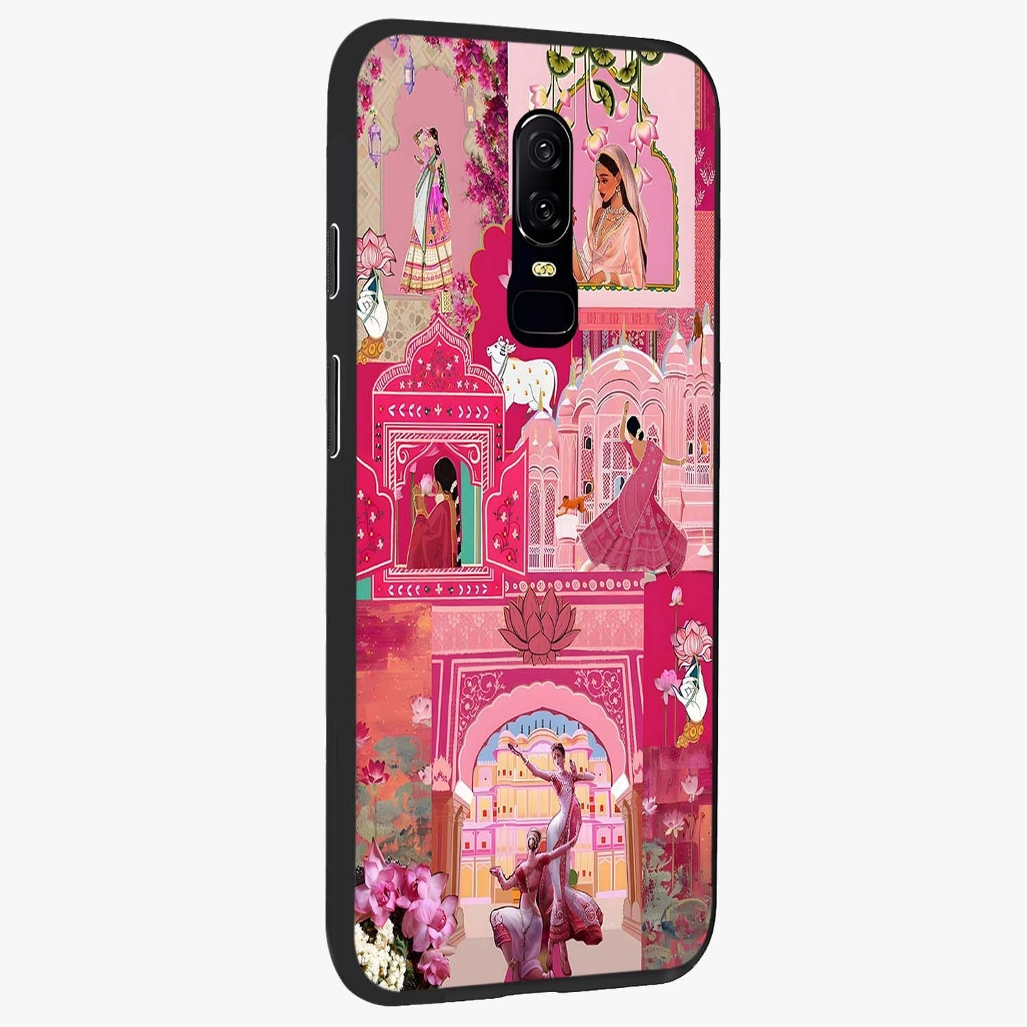 Blossoms of Rajasthan Glass Case upright view showcasing colorful floral design inspired by traditional Indian art.