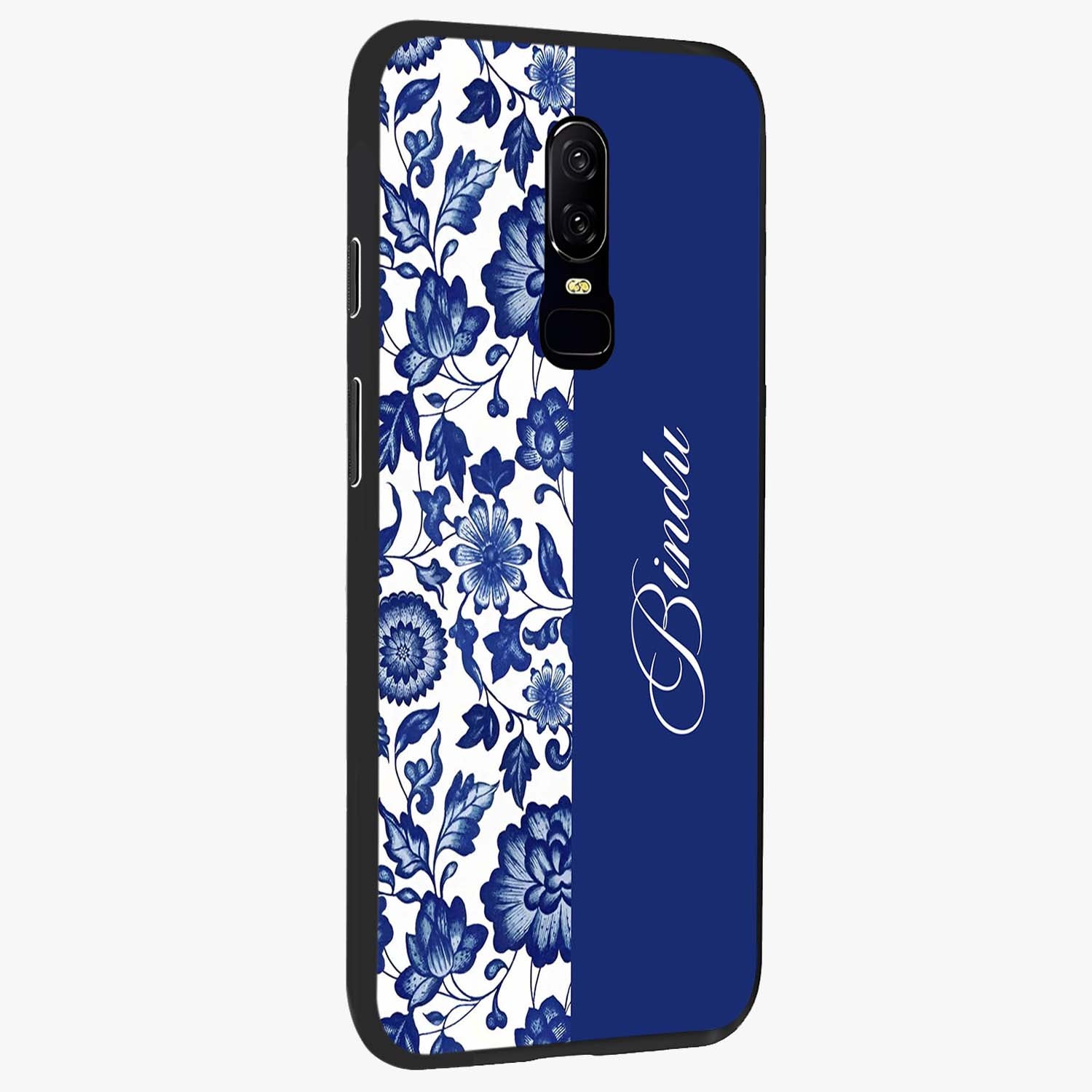 Blue Vintage Floral Pattern Glass Case upright view showcasing delicate blush floral texture with modern minimal style.