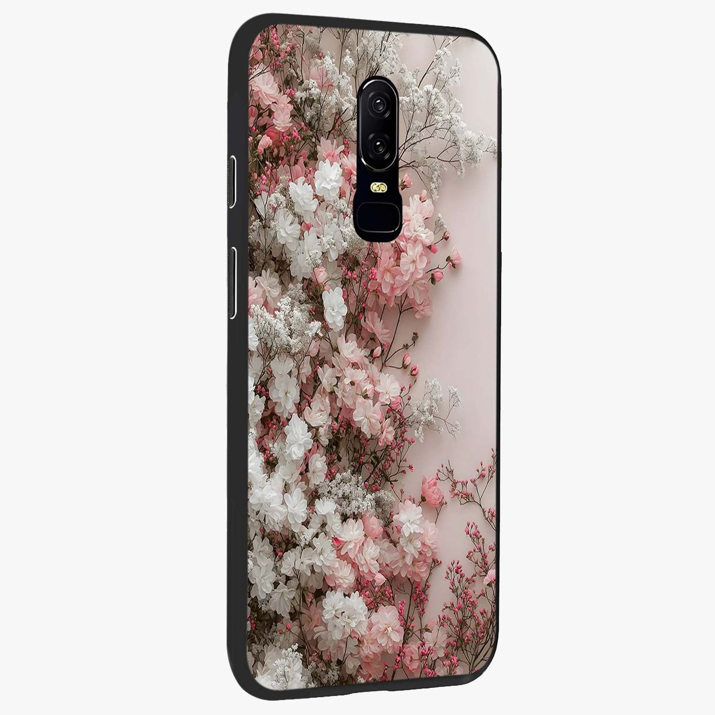 Blush Blossom Cloud Glass Case upright view showcasing calm floral cloud artwork with gentle dreamy theme.