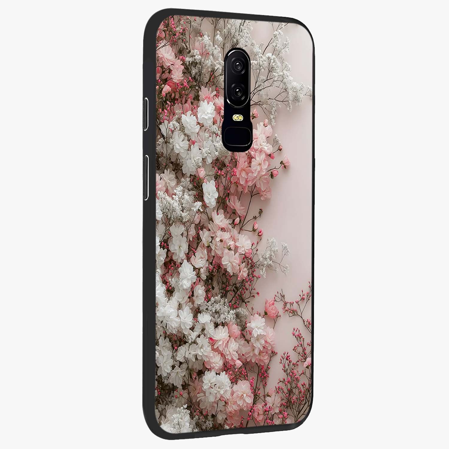 Blush Blossom Cloud Glass Case upright view showcasing calm floral cloud artwork with gentle dreamy theme.