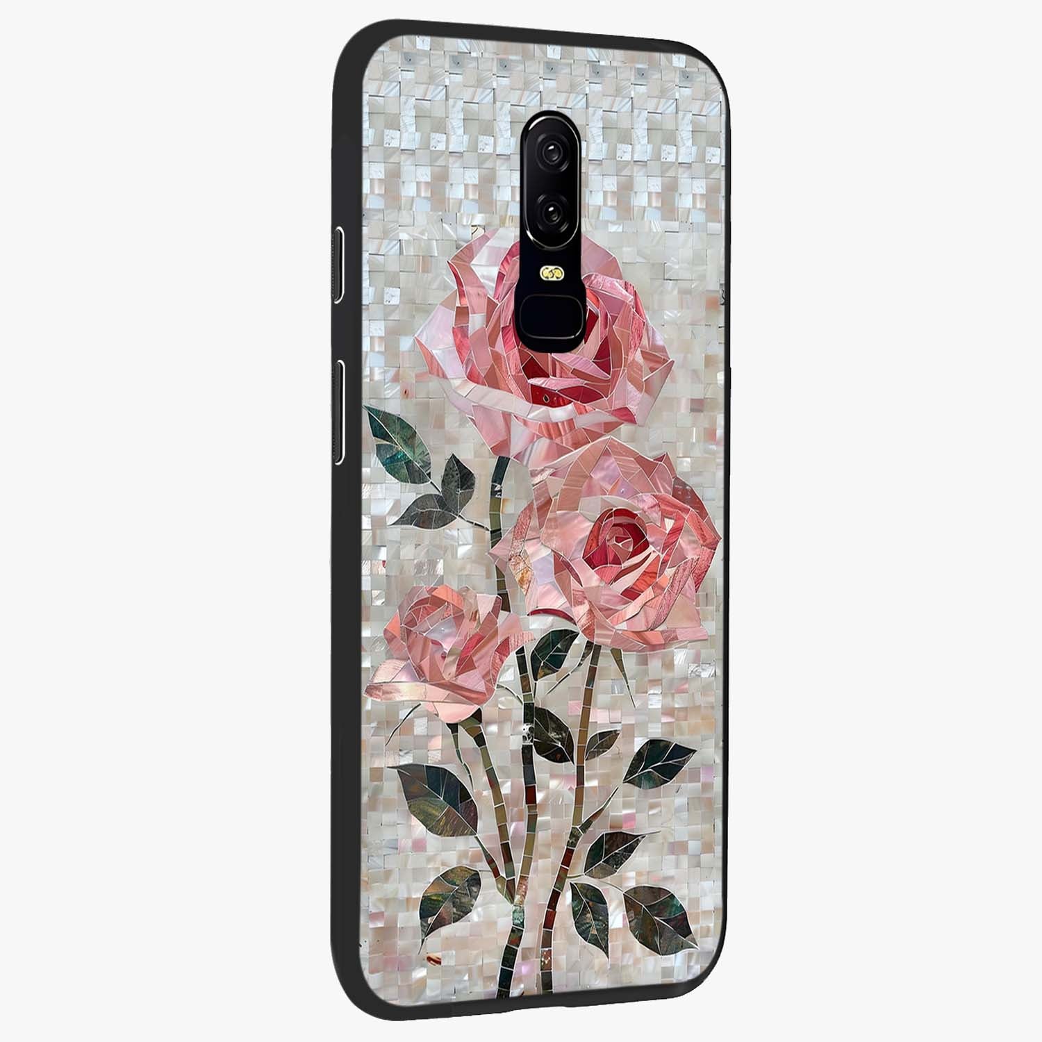 Blush Mosaic Bloom Glass Case upright view showcasing decorative floral mosaic artwork with stylish modern aesthetic.