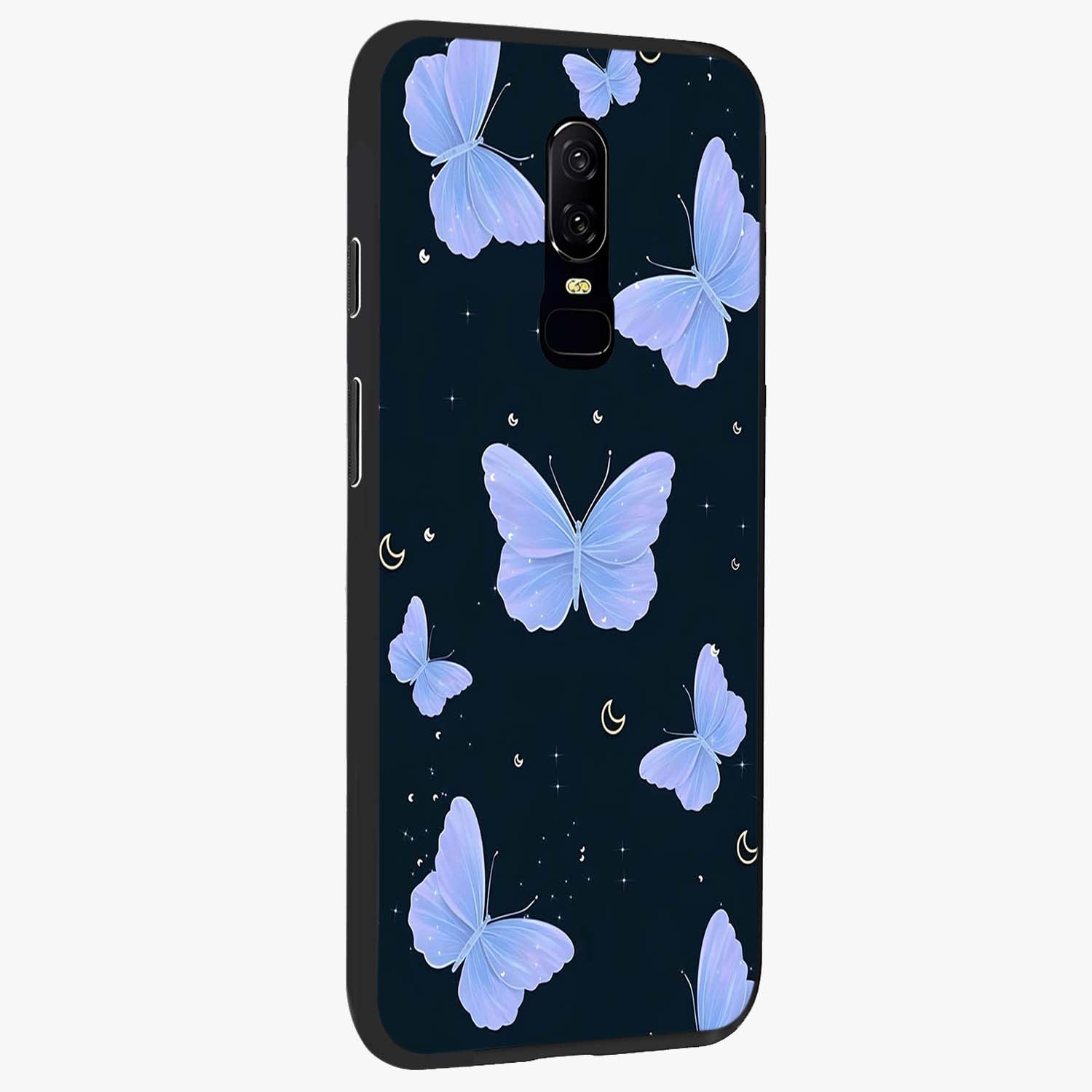 Butterfly With Stars Pattern Glass Case upright view showcasing celestial butterfly artwork with sparkling star elements.