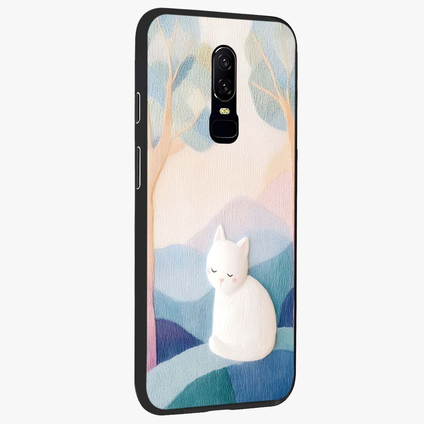 Cotton Dream Cat Glass Case upright view showcasing charming cat artwork with cozy dreamy theme.