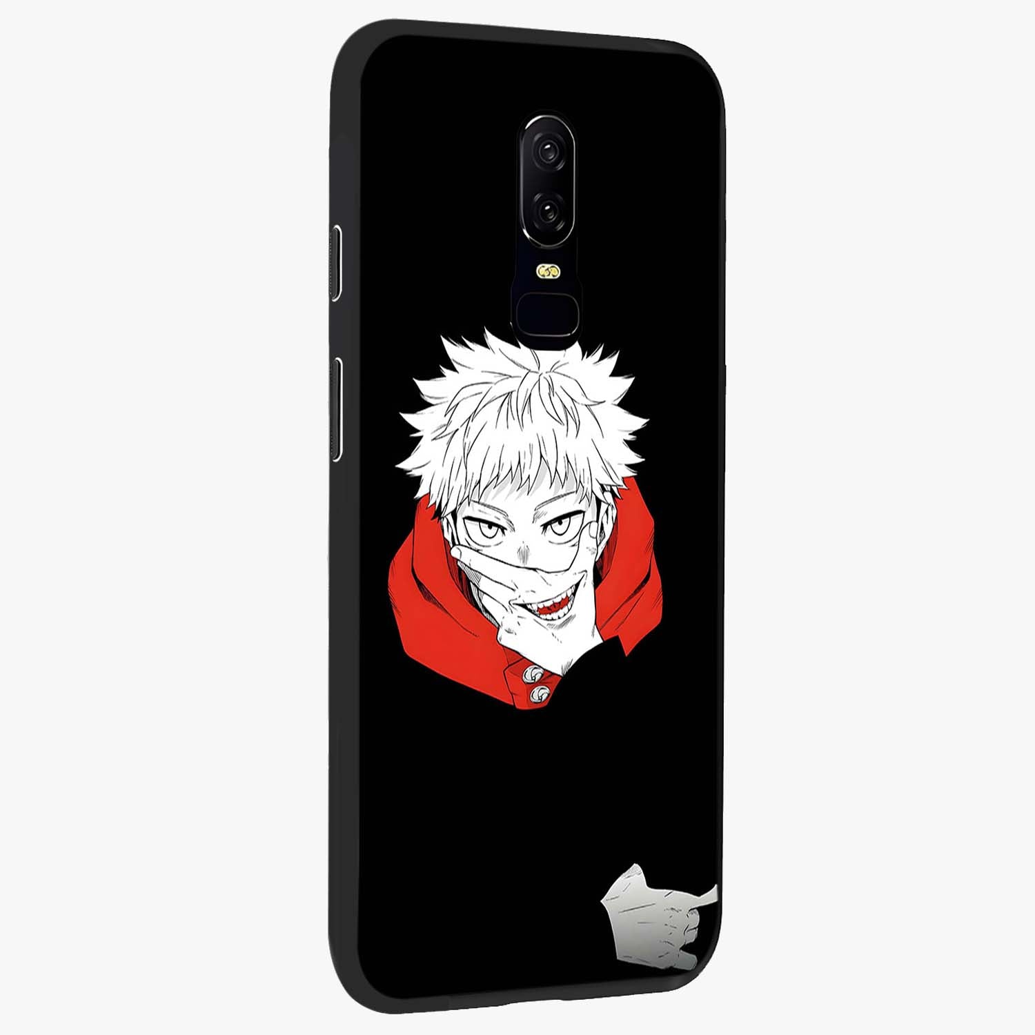 Crimson Chaos Smile Glass Case upright view showcasing expressive chaotic artwork with striking visual theme.