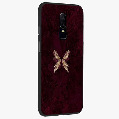 Crimson Fade Butterfly Glass Case upright view showcasing graceful butterfly artwork with soft crimson fade effect.