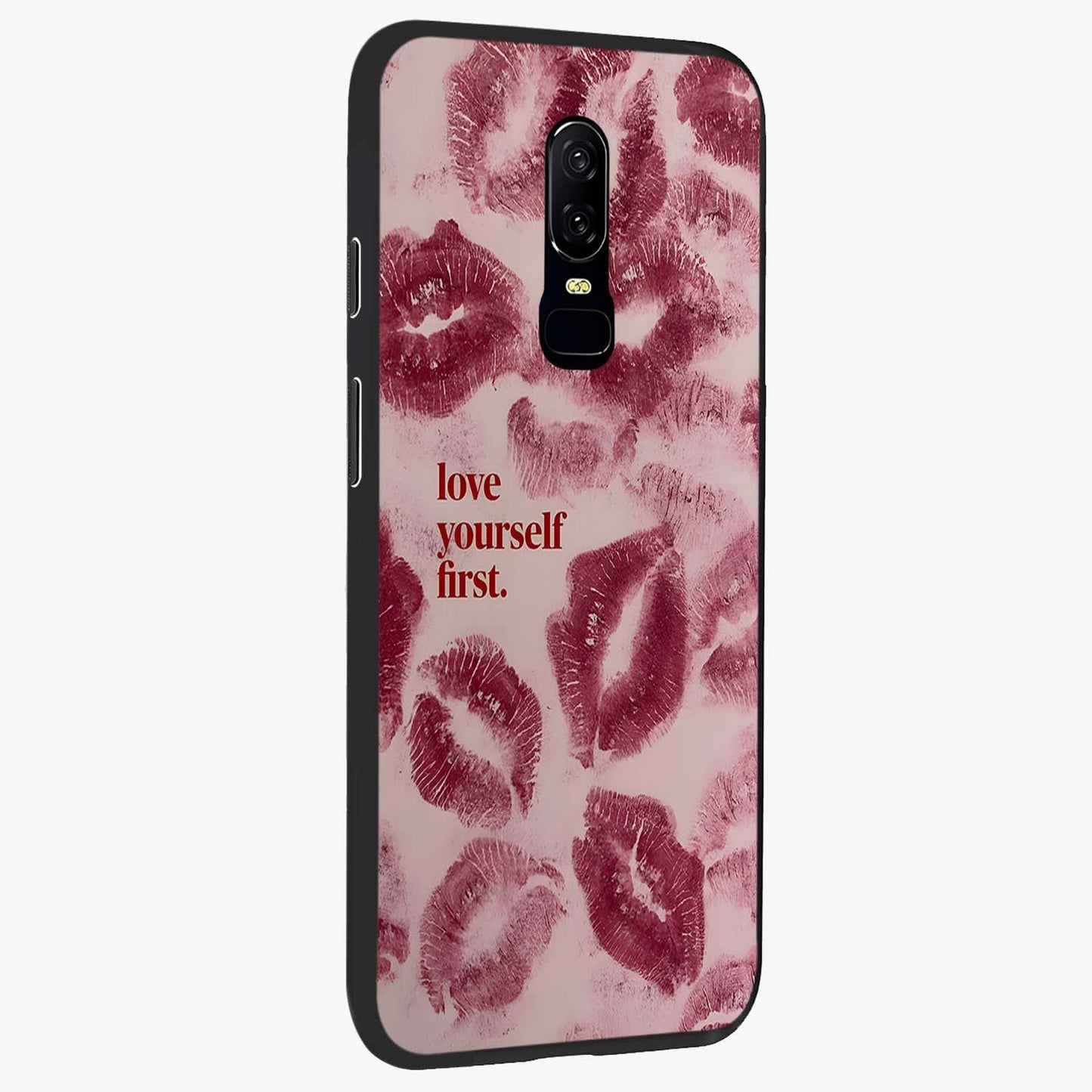 Crimson Kiss Love Glass Case upright view showcasing expressive romantic artwork with deep crimson theme.