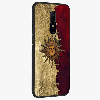Crimson Sun Majesty Glass Case upright view showcasing vibrant sun artwork with powerful celestial theme.