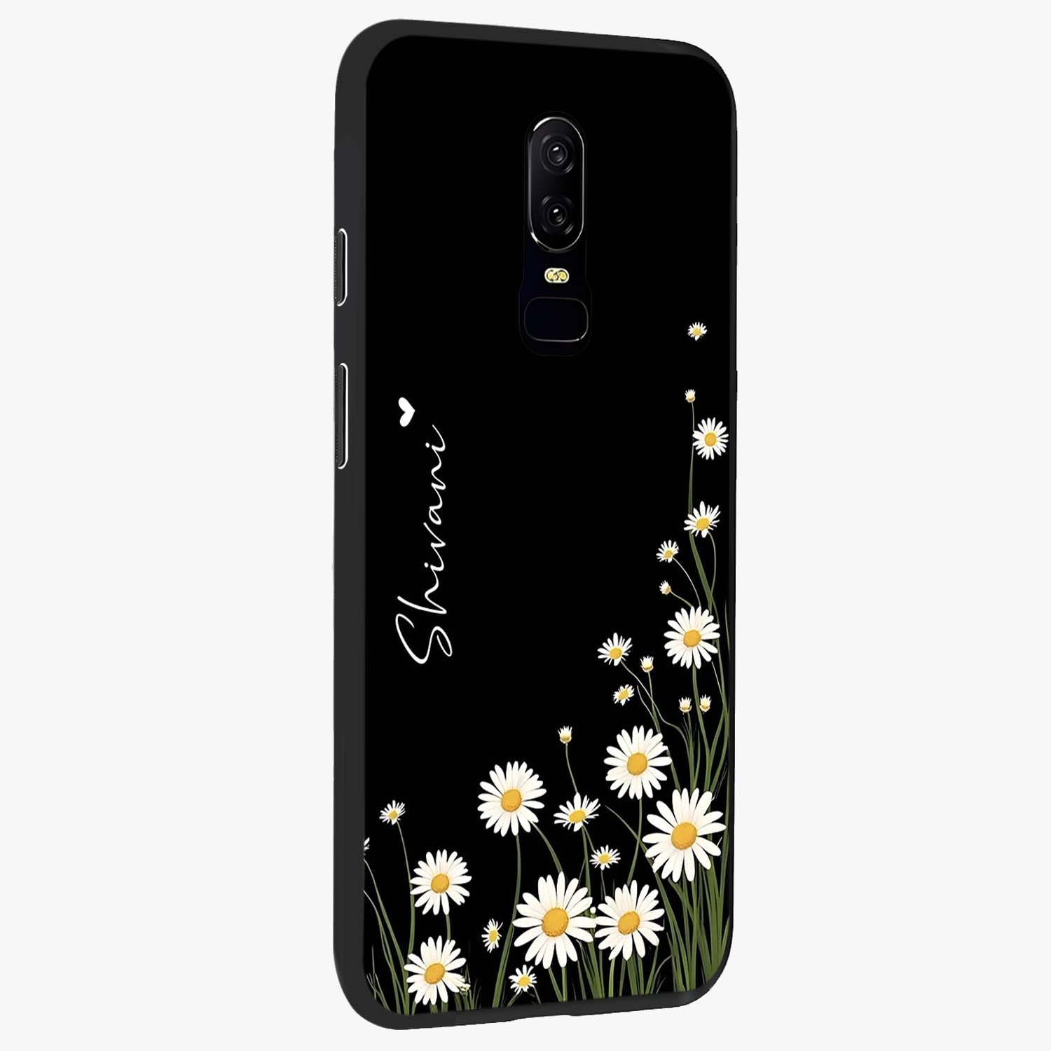 Daisy Cascade Custom Name Glass Case upright view showcasing elegant floral cascade design with personalized aesthetic.