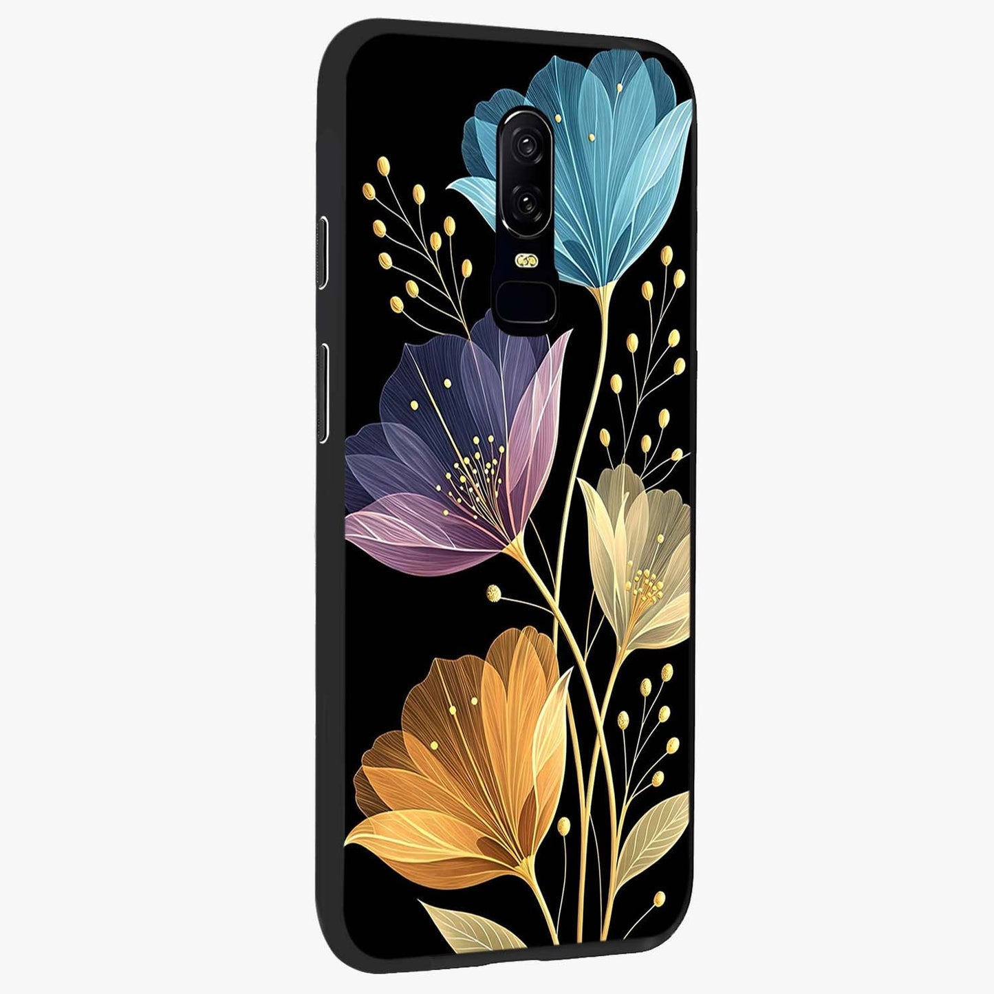 Delicate Multicolor Flowers Glass Case upright view showcasing delicate floral artwork with bright botanical theme.