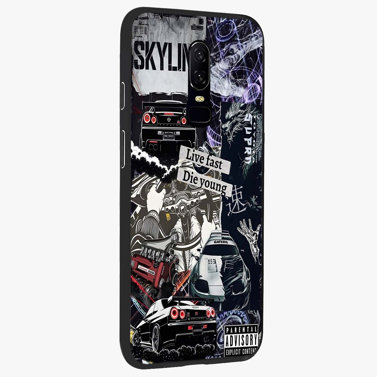 Die Young Glass Case upright view showcasing striking typography artwork with modern statement theme.