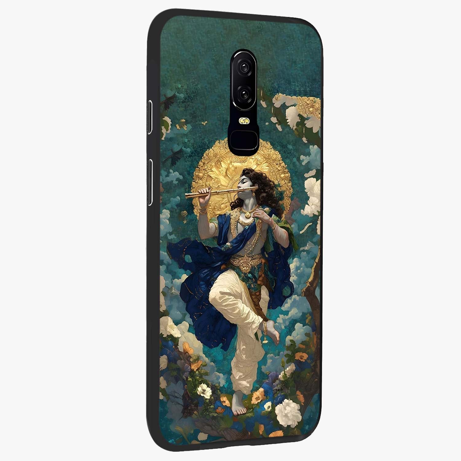 Divine Krishna Art Glass Case upright view showcasing divine Krishna artwork with sacred artistic theme.