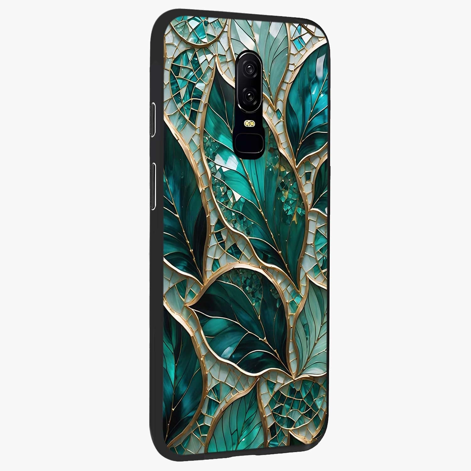 Emerald Leaf Glass Glass Case upright view showcasing fresh green leaf artwork with calming nature inspired style.