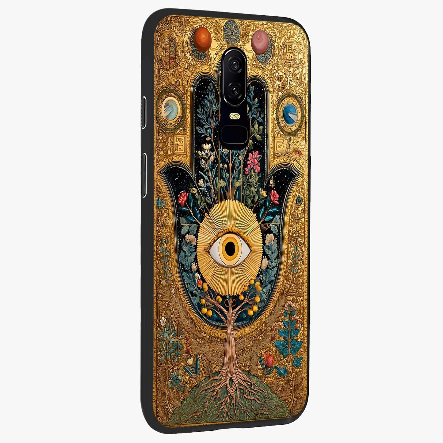 Ethereal Evil Eye Glass Case upright view showcasing celestial evil eye artwork with mystical theme.
